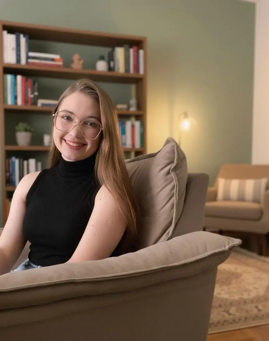 Psicóloga Clínica Luma Engelbrecht em ambiente de consultório e escuta psicanalítica